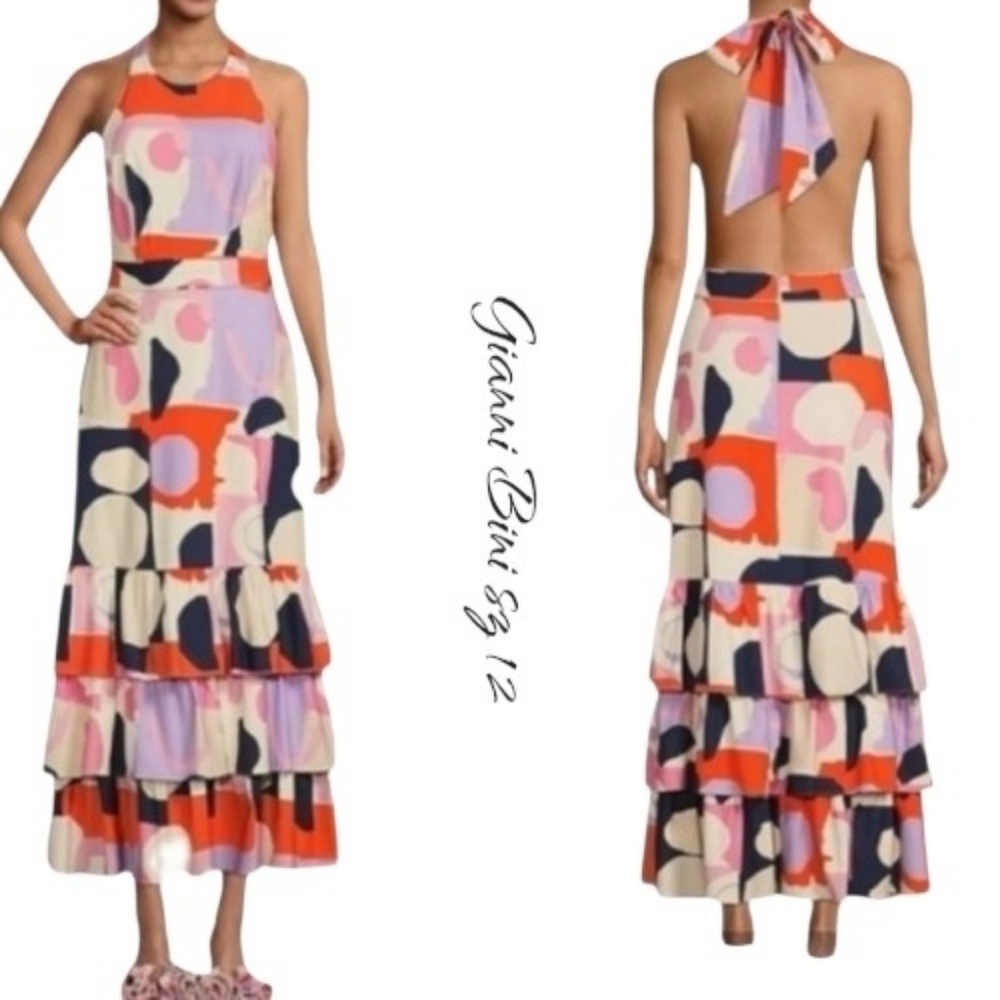 Gianni Bini x Venita Aspen Andrea Abstract Print Maxi Dress Sateen Halter Sz 12